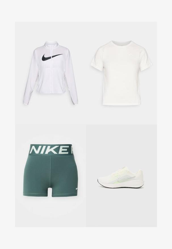 Balta Nike jaka ar garām piedurknēm, augstu apkakli, ar rāvējslēdzēja aizdari un izteiktu melnu Swoosh logotipu priekšpusē. Gluda, viegla auduma.; Viegls balts T-krekls ar īsām piedurknēm, apaļu kaklu un mazu logo augšējā kreisajā stūrī. Gluda auduma faktūra ar maigu spīdumu.; Zaļi sporta šorti ar plašu elastīgu jostu, uz kuras gaismas krāsā ir rakstīts "NIKE", un neliels balts logo apakšējā labajā kājā.; Nike Performance DOWNSHIFTER 13 - Apavi skriešanai pa asfaltu - sail/silver-coloured photon dust/summit white/barely volt/black