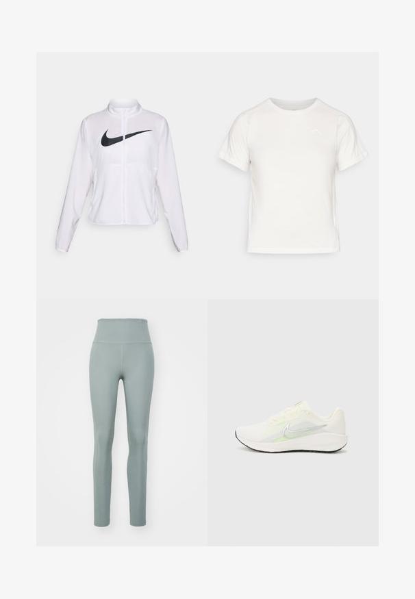 Vit Nike-jacka med långa ärmar, hög krage, blixtlåsstängning och en framträdande svart swoosh-logotyp på framsidan. Slät, lättviktsmaterial.; Lätt vit T-shirt med korta ärmar, rund hals och en liten logotyp i det övre vänstra hörnet. Slät tyg med en subtil lyster.; Högmidjade leggings i en dämpad grön färg, tillverkade av elastiskt material, med en smidig yta och en åtsittande design för komfort.; Nike Performance DOWNSHIFTER 13 - Väglöparskor - sail/silver-coloured photon dust/summit white/barely volt/black