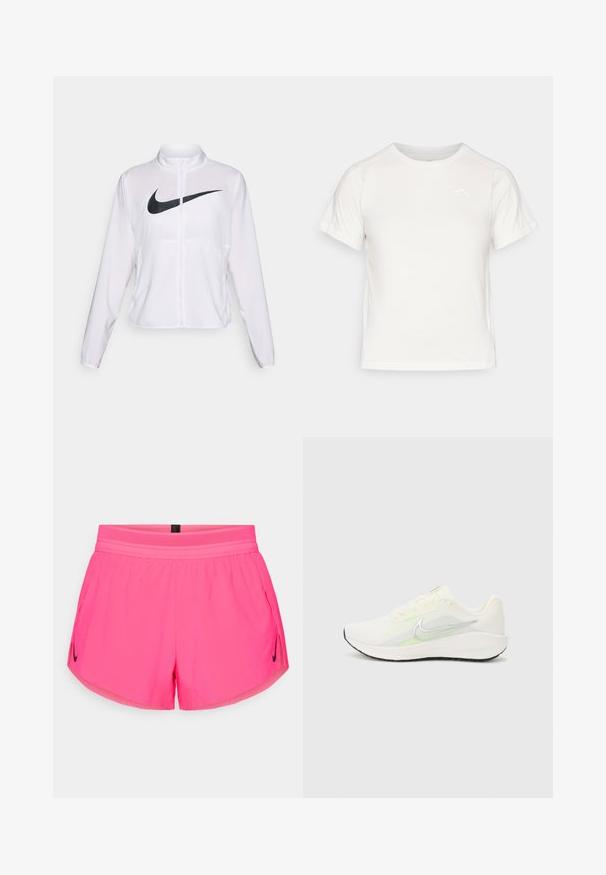 Bílá bunda Nike s dlouhými rukávy, vysokým límcem, zapínáním na zip a výrazným černým logem swoosh na přední straně. Hladká, lehká tkanina.; Lehká bílá tričko s krátkými rukávy, kulatým výstřihem a malým logem v levém horním rohu. Hladká tkanina s jemným leskem.; Růžové sportovní šortky s prodyšným pasem, vybavené bočními kapsami a malým černým logem Nike na levé straně. Hladká tkanina.; Nike Performance DOWNSHIFTER 13 - Silniční běžecké boty - sail/silver-coloured photon dust/summit white/barely volt/black