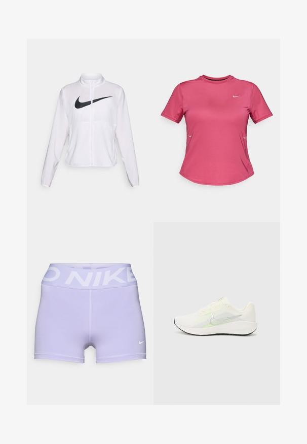 Jaqueta branca da Nike com mangas longas, gola alta, fecho de zíper e um grande logótipo swoosh preto na parte da frente. Tecido suave e leve.; Camiseta de desporto de manga curta em tecido rosa brilhante com decote redondo, apresentando um pequeno logótipo branco no peito e um design minimalista.; Calções atléticos roxos feitos de material elástico. Apresentam uma faixa larga na cintura com "NIKE" impresso em branco e um pequeno logo branco na perna.; Nike Performance DOWNSHIFTER 13 - Sapatos para corrida em estrada - sail/silver-coloured photon dust/summit white/barely volt/black