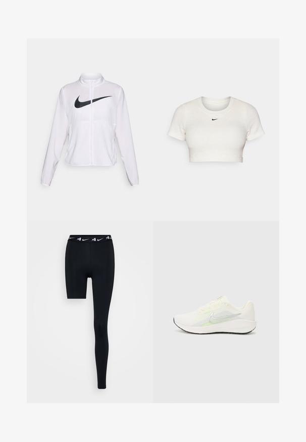 Bijela Nike jakna s dugim rukavima, visokim ovratnikom, zatvaranjem na patentni zatvarač i istaknutim crnim swoosh logom sprijeda. Glatka, lagana tkanina.; Skraćeni bijeli T-shirt od rebrastog materijala s kratkim rukavima i okruglim izrezom; sadrži mali crni Nike logo na prsima.; Crne atletske tajice do koljena s jednostavnim elastičnim pojasom s bijelim logotipom. Glatka, rastezljiva tkanina.; Nike Performance DOWNSHIFTER 13 - Tenisice za cestovno trčanje - sail/silver-coloured photon dust/summit white/barely volt/black