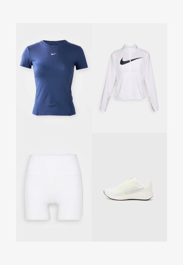 Jaqueta branca da Nike com mangas longas, gola alta, fecho de zíper e um grande logótipo swoosh preto na parte da frente. Tecido suave e leve.; Camiseta atlética de manga curta azul marinho com o logótipo branco da Nike centrado abaixo do decote em um fundo simples.; Calções brancos de cintura alta feitos de tecido elástico. Apresentam uma textura suave e um design justo, sem padrões ou acessórios adicionais.; Nike Performance DOWNSHIFTER 13 - Sapatos para corrida em estrada - sail/silver-coloured photon dust/summit white/barely volt/black