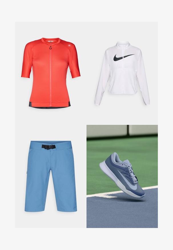 Valge Nike jakk pikkade varrukatega, kõrge krae, lukuga sulgur ja esifaasil silmapaistev must swoosh logo. Sile ja kerge kangas.; Punane lühikeste varrukate ja jalgrattasärk, millel on eesne katkik, tekstureeritud kangas ja kontrastne must ääre. Omab ümmargust kraed ja logo detaili.; Heledad sinised matkashortsid, millel on lame vöökoht, reguleeritav vöö ja küljetaskud. Valmistatud sileda, hingava materjali abil, põlvepikkune disain.; Spordijalatsid helesinises ja tumesinises värvitoonis, millel on tekstuuriga pealis, lame nööridega ja kerge valge tallaga. Üles tõstetud väljakupinna kohal.