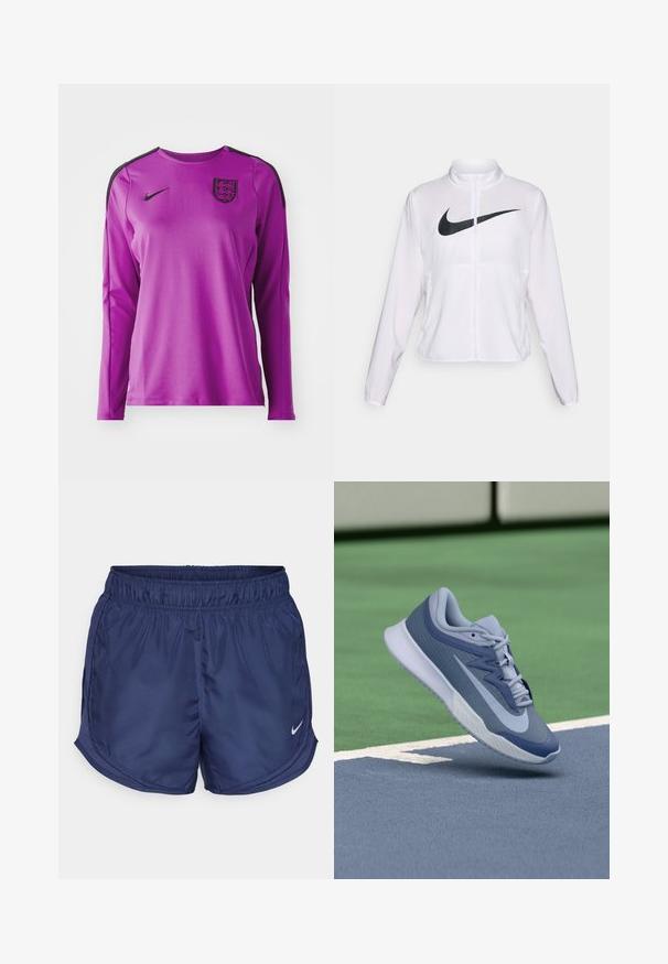 White Nike jacket with long sleeves, high collar, zip closure, and a prominent black swoosh logo on the front. Smooth, lightweight fabric.; Purple long-sleeve sport shirt made of smooth fabric, featuring black accents and the England crest on the left chest. Nike logo on front.; Navy athletic shorts with an elastic waistband and side mesh panels. Features a small white Nike logo on the lower left side.; Sport sneaker in light blue and navy, featuring a textured upper, flat laces, and a lightweight white sole. Elevated above a court surface.
