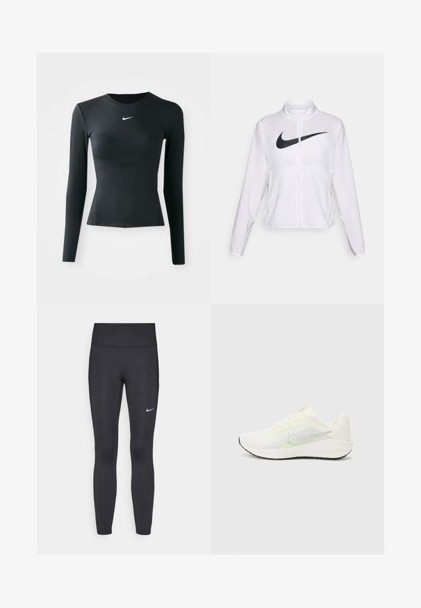 Giacca Nike bianca con maniche lunghe, colletto alto, chiusura con zip e un prominent logo swoosh nero sulla parte anteriore. Tessuto liscio e leggero.; Maglietta nera a maniche lunghe, aderente, realizzata in tessuto liscio e elasticizzato. Presenta un colletto a girocollo e un piccolo logo Nike bianco sul petto.; Leggings neri realizzati in tessuto elasticizzato, con una vita alta e un logo Nike bianco sulla coscia sinistra. Tessuto liscio, design aderente.; Nike Performance DOWNSHIFTER 13 - Scarpe da corsa su strada - sail/silver-coloured photon dust/summit white/barely volt/black