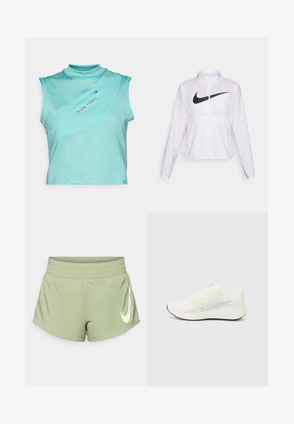White Nike jacket with long sleeves, high collar, zip closure, and a prominent black swoosh logo on the front. Smooth, lightweight fabric.; Light teal Nike Trail sleeveless top with high neck, featuring a diagonal zip pocket and sporty ribbed texture across the fabric.; Light green athletic shorts with an elastic waistband, featuring a prominent white Nike swoosh logo on the lower right side.; Nike Performance DOWNSHIFTER 13 - Road running shoes - sail/silver-coloured photon dust/summit white/barely volt/black