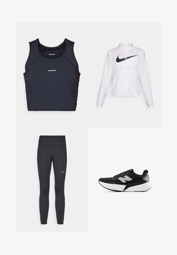 Hvit Nike-jakke med lange ermer, høy krage, glidelås foran, og en fremtredende svart swoosh-logo på forsiden. Glatt, lett materiale.; Svart atletisk tanktopp med en tettsittende design, rund hals og flate sømmer. Har "Salomon"-logoen i hvitt på fronten.; Sorte leggings laget av elastisk stoff, med høy livlinje og en hvit Nike-logo på venstre lår. Glatt tekstur, kroppsnær passform.; Svart-og-hvitt New Balance joggesko med tykk såle, mesh-overdel og "N"-logo på siden, sett fra utsiden.