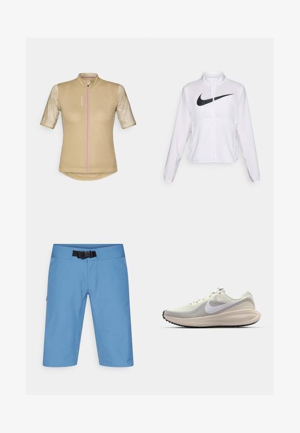 Witte Nike jack met lange mouwen, hoge kraag, ritssluiting en een opvallend zwart swoosh-logo aan de voorkant. Glad, lichtgewicht stof.; Korte mouwen fietsshirt in beige met textuurstof, een roze rits en een subtiel logo aan de voorkant. Aansluitend ontwerp, hoge kraag.; Lichtblauwe wandelshorts met een platte tailleband, verstelbare riem en zijzakken. Gemaakt van een soepele, ademende stof, met een knielengte ontwerp.; Sneakers met een lichtgrijze mesh bovenkant, witte Nike swoosh, gevoerde tussenzool, slanke vorm en een zwarte rubberen outsole met een profielpatroon.