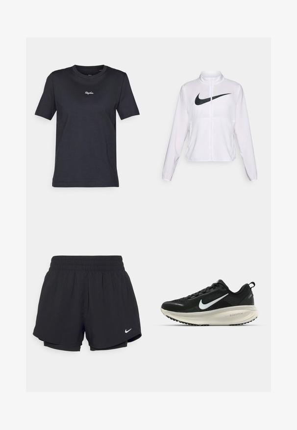 Hvid Nike jakke med lange ærmer, høj krave, lynlås lukning og en fremtrædende sort swoosh-logo på forsiden. Glat, letvægts stof.; Sort kortærmet t-shirt lavet af bomuld, med rund hals og et hvidt "Rapha." logo broderet på brystet. Glat tekstur.; Sorte atletiske shorts med en samlet elastisk talje, indvendig foring og hvidt Nike-logo nederst til venstre. Glat, letvægtsstof.; Sort Nike løbesko med åndbart mesh-overdel, hvidt swoosh-logo, tekstureret detaljering og en cremede ZoomX mellemsål.