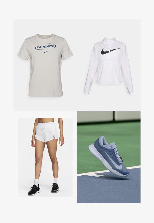 Bijela Nike jakna s dugim rukavima, visokim ovratnikom, zatvaranjem na patentni zatvarač i istaknutim crnim swoosh logom sprijeda. Glatka, lagana tkanina.; Svijetlo siva pamučna majica s mornarsko plavim logotipom "SPURS" i malim Nike swooshom. Standardni okrugli izrez i kratki rukavi.; Bijele sportske kratke hlače s rebrastim pojasom, bočnim prorezima i crnim logotipom Nike. Nošene s crnim tenisicama i bijelim čarapama do sredine lista.; Sportske tenisice u svijetloplavoj i tamnoplavoj boji, s teksturiranim gornjim dijelom, ravnim vezicama i laganim bijelim potplatom. Iznad su povišene u odnosu na teren.