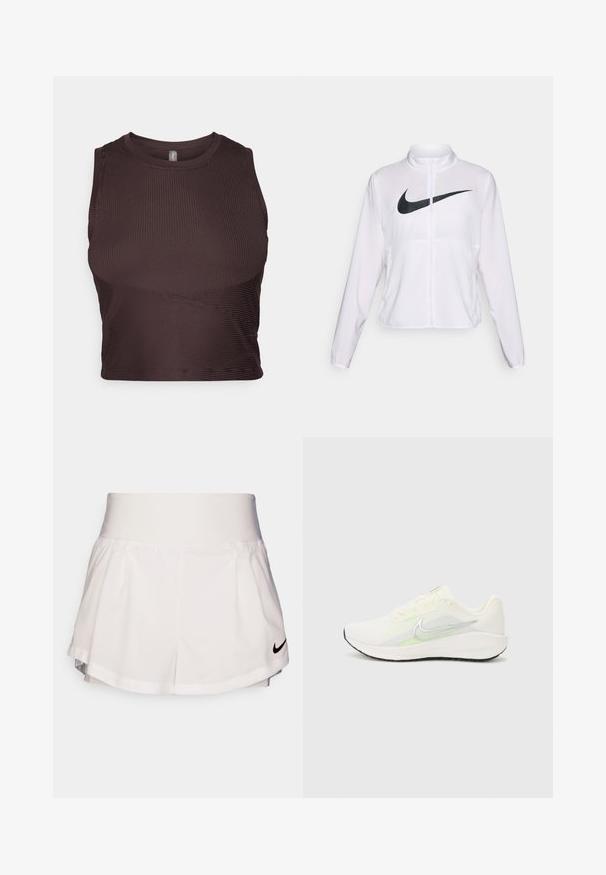 Veste blanche Nike à manches longues, col haut, fermeture éclair et un logo swoosh noir bien visible à l'avant. Tissu lisse et léger.; Crop top côtelé marron foncé avec des bretelles larges, un col rond et un design sans couture. Il présente une silhouette ajustée et un tissu extensible pour le confort.; Nike Performance SHORT - Short de sport - white/black; Nike Performance DOWNSHIFTER 13 - Chaussures de running sur route - sail/silver-coloured photon dust/summit white/barely volt/black