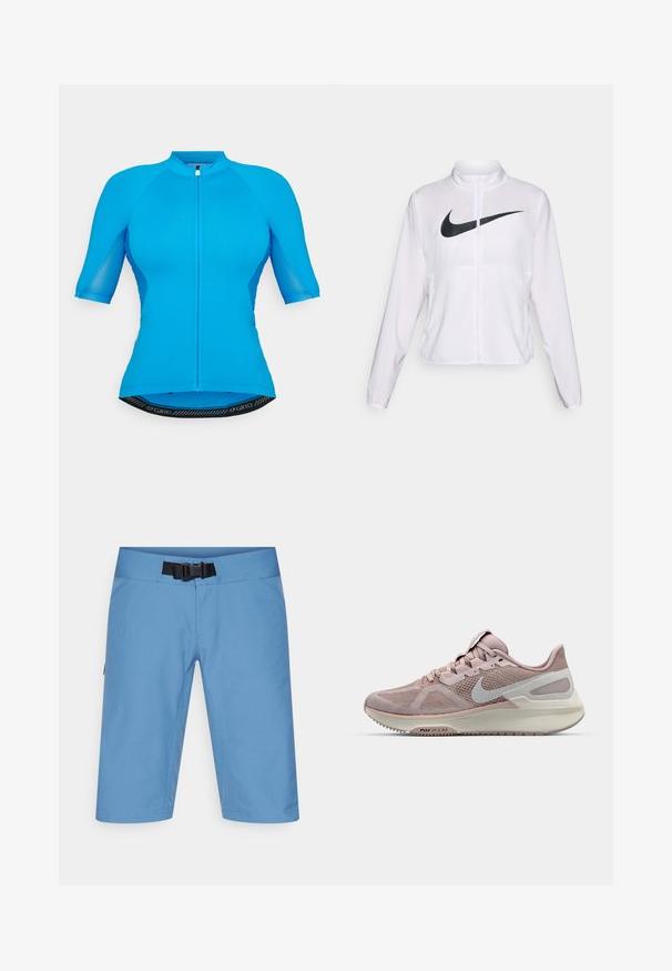 Balta Nike striukė su ilgomis rankovėmis, aukštu apykakle, užtrauktuku ir ryškiu juodu swoosh logotipu priekyje. Lygus, lengvas audinys.; Trumpas rankovėmis dviratininkų maikutė ryškiai mėlynos spalvos, su užtrauktuku priekyje, tinklinėmis šoninėmis dalimis ir kontrastinga juoda prekės ženklo juosta.; Šviesiai mėlyni žygio šortai su lygiu juosmeniu, reguliuojamu diržu ir šoninėmis kišenėmis. Pagaminti iš glotnaus, kvėpuojančio medžiagos, kelio ilgio dizainas.; Nike bėgimo bateliai su tinklelio viršutine dalimi šviesiai rožinės ir pilkos spalvos, su paminkštintu padu ir suapvalinto kojų piršto dizainu. Pabrėžtas swoosh logotipas.
