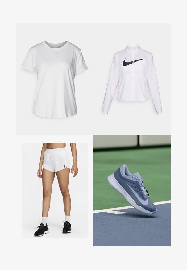 Valkoinen Nike-takki pitkillä hihoilla, korkealla kauluksella, vetoketjullinen suljenta ja suuri musta swoosh-logo edessä. Sujuva, kevyt kangas.; Valkoinen lyhythihainen T-paita, joka on valmistettu sileästä kankaasta. Paidoissa on pyöreä kaula-aukko ja rintaan on painettu pieni harmaa Nike-logo.; Valkoiset urheilushortsit, joissa on resorivyötärö, sivuhaarat ja musta Nike-logo. Yhdistetty mustiin tennareihin ja valkoisiin polvisukkiin.; Urheilukengät vaaleansinisen ja tummansinisen sävyissä, joissa on teksturoitu päällinen, litteät nauhat ja kevyt valkoinen pohja. Nostettuna kenttäpinnan ylle.