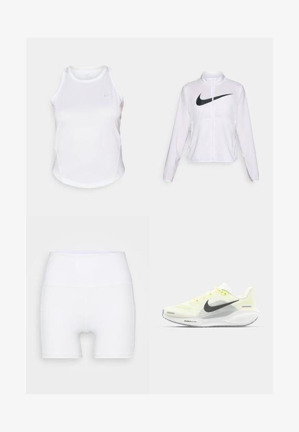Witte Nike jack met lange mouwen, hoge kraag, ritssluiting en een opvallend zwart swoosh-logo aan de voorkant. Glad, lichtgewicht stof.; Wit sportief tanktop met een ronde halslijn, mouwloos ontwerp en subtiele reflecterende logo. Gemaakt van een gladde, vochtregulerende stof.; Witte hoge taille shorts van rekbare stof. Kenmerken een gladde textuur en een aansluitend ontwerp, zonder extra patronen of hardware.; Nike hardloopschoenen met een lichtgele en witte mesh bovenkant, grijze accenten en een flexibele rubberen zool. Voorzien van een vetersluiting.