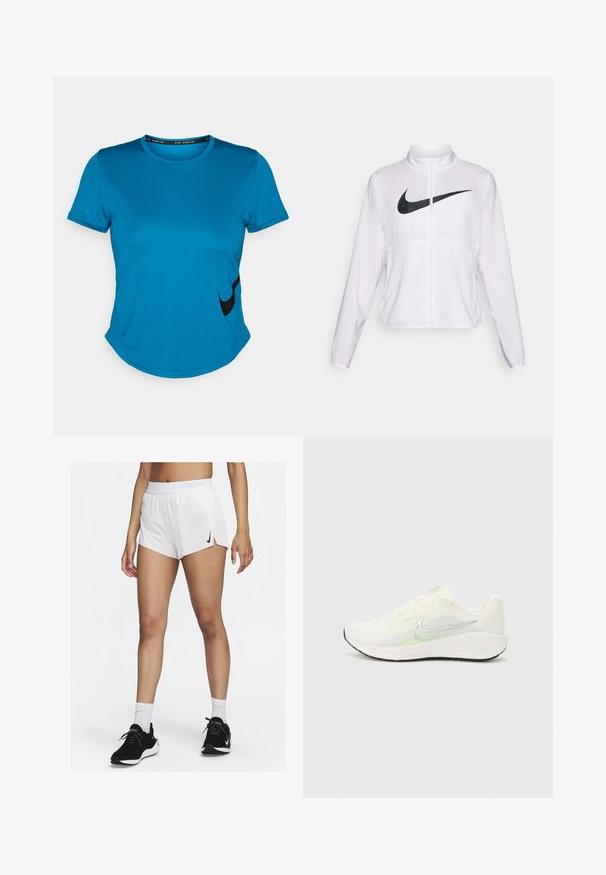 Bílá bunda Nike s dlouhými rukávy, vysokým límcem, zapínáním na zip a výrazným černým logem swoosh na přední straně. Hladká, lehká tkanina.; Modré atletické tričko s krátkým rukávem vyrobené z hladké tkaniny, se černým logem Nike pod levým dolním okrajem a zakřiveným lemem.; Bílé sportovní šortky s žebrovaným pasem, bočními rozparky a černým logem Nike. Nošeny s černými teniskami a bílými ponožkami po kotníky.; Nike Performance DOWNSHIFTER 13 - Silniční běžecké boty - sail/silver-coloured photon dust/summit white/barely volt/black