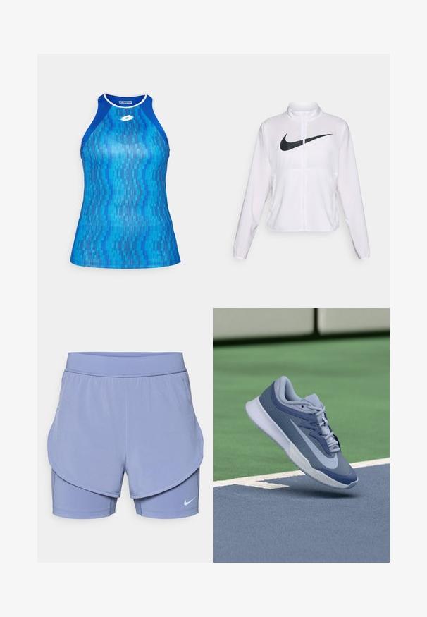 White Nike jacket with long sleeves, high collar, zip closure, and a prominent black swoosh logo on the front. Smooth, lightweight fabric.; Blue athletic tank top with a geometric pattern in various shades of blue. Features a racerback design and white accents around the neckline.; Nike shorts in light purple, featuring a layered design with an inner fitted liner and outer loose fit. Elastic waistband for comfort.; Sport sneaker in light blue and navy, featuring a textured upper, flat laces, and a lightweight white sole. Elevated above a court surface.