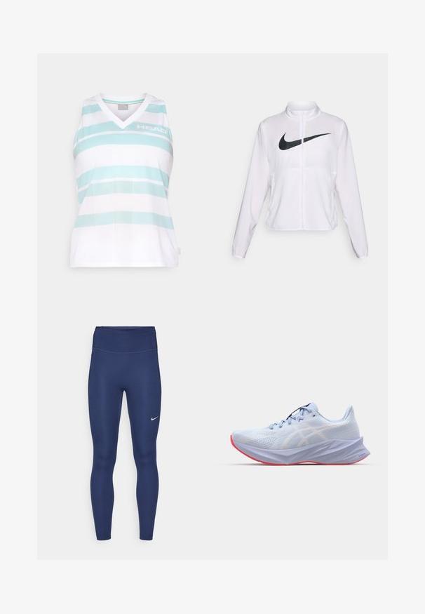 Balta Nike jaka ar garām piedurknēm, augstu apkakli, ar rāvējslēdzēja aizdari un izteiktu melnu Swoosh logotipu priekšpusē. Gluda, viegla auduma.; Bez piedurknēm sporta tops baltā krāsā ar gaiši ziliem svītrainiem. V-veida dizainam ir elpojoša struktūra un uz priekšpuses ir "HEAD" logo.; Jūras spēku krāsas legingi ar augstu jostasvietu, izgatavoti no stiepjama auduma. Satur smalku šuvumu un mazu balto Nike logo uz kreisā augšstilba.; Gaiši zils sporta apavas ar teksturētām acu augšdaļām, baltām logotipa akcentiem, mīkstinošu zoli un rozā ārējo zoli. Iespējām elegants, ergonomisks dizains.