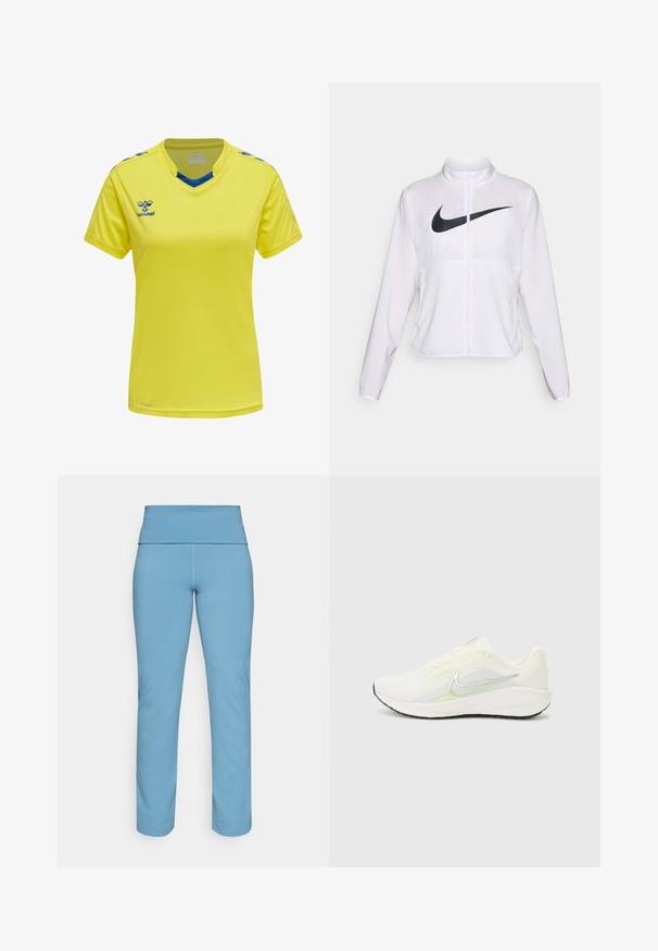Biała kurtka Nike z długimi rękawami, wysokim kołnierzem, zamkiem błyskawicznym oraz wyraźnym czarnym logo swoosh z przodu. Gładki, lekki materiał.; Żółta koszulka sportowa wykonana z lekkiego materiału. Posiada dekolt w kształcie litery V, niebieskie akcenty na kołnierzu i ramionach oraz logo w kolorze niebieskim.; Jasnoniebieskie legginsy z wysokim, gładkim pasem, wykonane z elastycznego materiału, charakteryzujące się prostym krojem bez wzorów.; Nike Performance DOWNSHIFTER 13 biały