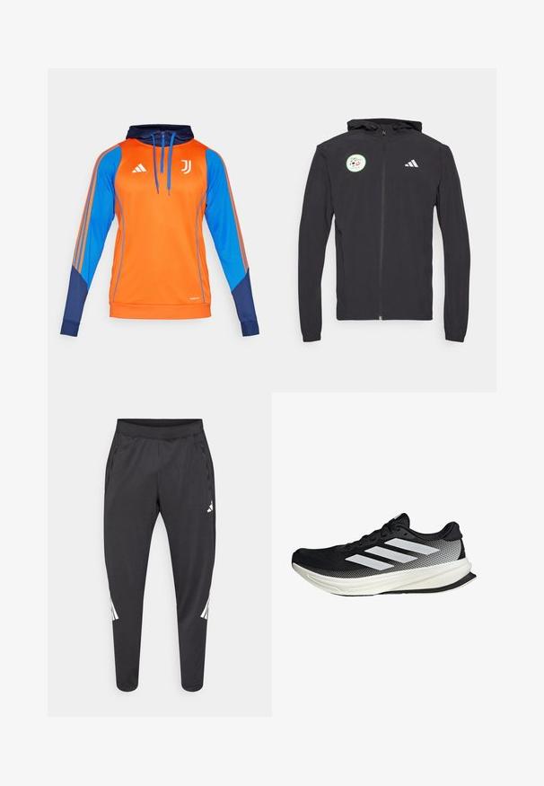 Felpa nera con zip e cappuccio regolabile, con un cerchio verde che presenta un design calcistico e il logo Adidas bianco sul petto.; adidas Performance JUVENTUS TURIN TRAINING HOODIE - Squadra - team orange; Pantaloni atletici neri con gambe affusolate, cintura elastica, tasche laterali e dettagli con logo bianco e strisce. Realizzati in materiale liscio e leggero.; Scarpa sportiva nera con design in rete, caratterizzata da strisce bianche, punta arrotondata e suola testurizzata per aderenza e supporto.