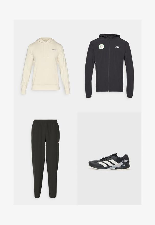 Czarna hoodie na zamek z kapturem regulowanym sznurkiem, z okrągłą zieloną naszywką z wzorem piłki nożnej oraz białym logo Adidas na piersi.; Kremowa bluza z kapturem, z kieszenią kangurką, sznurkiem do regulacji i subtelnym logo "BORG" w lewym górnym rogu. Miękka tkanina, długie rękawy.; Czarne spodnie sportowe z elastycznym pasem, dopasowane do sylwetki, z białym logo na lewym nogawce. Gładki, lekki materiał.; Czarne buty sportowe z białymi paskami, siateczkowa cholewka, zaokrąglony czubek i amortyzowana podeszwa. Posiadają teksturowany obcas i pewny system sznurowania.