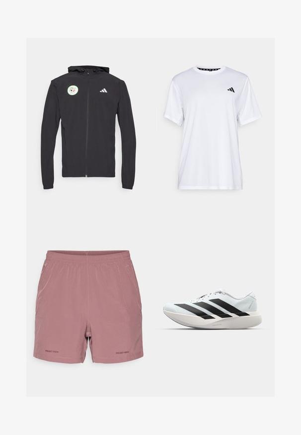 Crna zip-up dukserica s kapuljačom i vezicom, s kružnom zelenom naljepnicom s dizajnom nogometne lopte i bijelim Adidas logom na prsima.; Bijela atletska majica kratkih rukava, napravljena od tkanine koja upija vlagu. Ima crni logo na lijevoj strani prsiju i uzorčeni unutarnji obrub dekoltea.; Svijetloružičaste atletske šortse s elastičnom trakicom u struku, minimalnim detaljima šavova i ispisanim "PROJECT ROCK" logotipom na donjoj lijevoj strani.; Lagane tenisice za trčanje u svijetloplavoj boji s crnim trakama. Imaju glatku gornju površinu, okrugli vrh i debeli bijeli srednji sloj označen "LIGHTSTRIKE PRO."