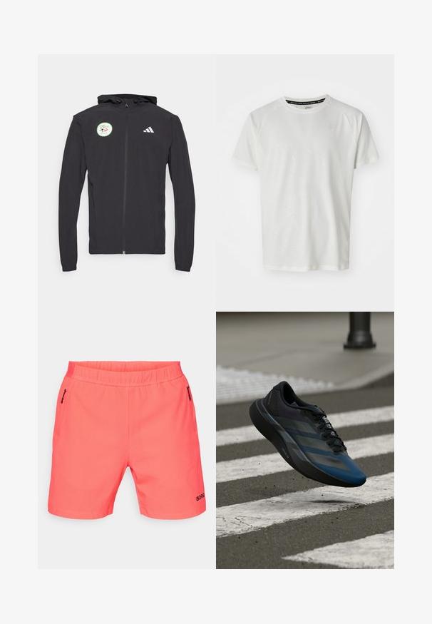 Černá mikina na zip s kapucí na šňůrku, s kolečkovou zelenou nášivkou se vzorem fotbalu a bílým logem Adidas na hrudi.; ASICS GAME - Jednoduché tričko - cream; Korálové sportovní šortky s elastickým pasem, dvěma bočními kapsami na zip, texturovanou tkaninou a černým logem "BORG" na lemu.; Černá a modrá sportovní obuv s aerodynamickým designem, s texturovaným svrškem, kontrastními pruhy a polstrovanou podešví, visící nad chodníkem.