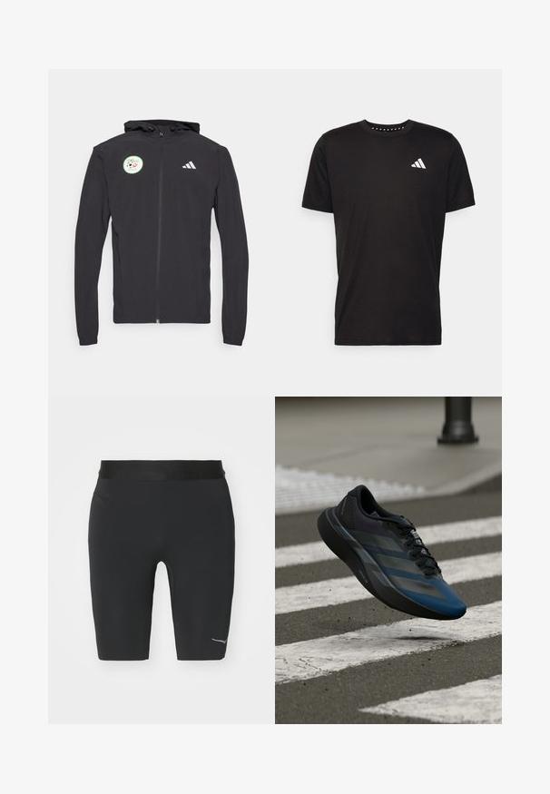 Černá mikina na zip s kapucí na šňůrku, s kolečkovou zelenou nášivkou se vzorem fotbalu a bílým logem Adidas na hrudi.; Černé bavlněné tričko s krátkým rukávem, kulatým výstřihem a bílým logem na levé hrudi. Hladká textura a jednoduchý design.; Černé atletické šortky vyrobené z elastické tkaniny, s přiléhavým střihem a reflexním logem na spodní straně.; Černá a modrá sportovní obuv s aerodynamickým designem, s texturovaným svrškem, kontrastními pruhy a polstrovanou podešví, visící nad chodníkem.