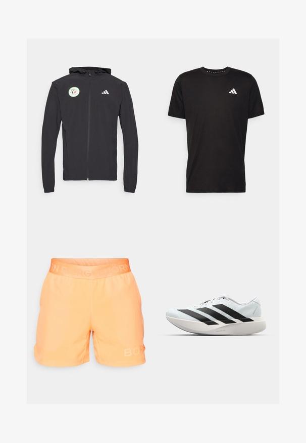 Crna zip-up dukserica s kapuljačom i vezicom, s kružnom zelenom naljepnicom s dizajnom nogometne lopte i bijelim Adidas logom na prsima.; Crna pamučna majica s kratkim rukavima, okruglim izrezom i bijelim logotipom na lijevoj strani prsnog koša. Glatka tekstura i jednostavan dizajn.; Narančaste atletske kratke hlače s teksturiranim pojasom. Sadrže suptilni reflektirajući "BORG" logo na lijevoj nozi. Glatka tkanina, opušteni kroj.; Lagane tenisice za trčanje u svijetloplavoj boji s crnim trakama. Imaju glatku gornju površinu, okrugli vrh i debeli bijeli srednji sloj označen "LIGHTSTRIKE PRO."