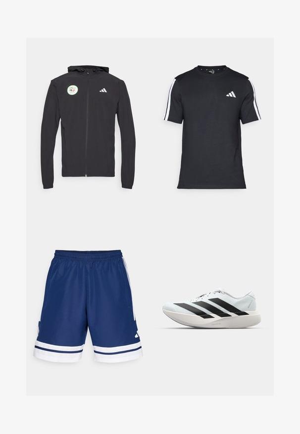 Black zip-up hoodie with a drawstring hood, featuring a circular green patch with a soccer design and white Adidas logo on the chest.; Black T-shirt made of cotton with short sleeves, featuring white stripes on the shoulders and a white logo on the left chest.; Navy athletic shorts with a stretchy waistband, white accents, and side pockets. Features white stripes at the hem. Polyester material.; Lightweight running shoes in pale blue with black stripes. Features a smooth upper, round toe, and thick white midsole labeled "LIGHTSTRIKE PRO."