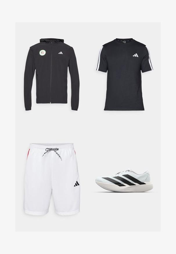 Crna zip-up dukserica s kapuljačom i vezicom, s kružnom zelenom naljepnicom s dizajnom nogometne lopte i bijelim Adidas logom na prsima.; Crna majica od pamuka s kratkim rukavima, koja ima bijele pruge na ramenima i bijeli logo na lijevoj strani prsiju.; Bijele mrežaste kratke hlače s teksturiranim dizajnom, elastičnom trakom oko struka, crnim i crvenim akcentima, te crnim logom na lijevom bedru. Uključena crna špaga.; Lagane tenisice za trčanje u svijetloplavoj boji s crnim trakama. Imaju glatku gornju površinu, okrugli vrh i debeli bijeli srednji sloj označen "LIGHTSTRIKE PRO."