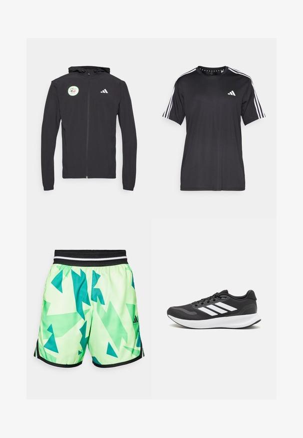 Schwarze Zip-Hoodie mit einer Kordelzugkapuze, die ein rundes grünes Patch mit einem Fußballdesign und dem weißen Adidas-Logo auf der Brust zeigt.; Schwarzes T-Shirt mit kurzen Ärmeln und weißem Dreistrichdesign an den Schultern sowie Logo auf der Brust. Hergestellt aus atmungsaktivem Stoff, glatte Textur.; Limegrüne Shorts mit einem geometrischen türkisfarbenen Muster, ausgestattet mit einem schwarzen elastischen Bund mit weißen Streifen und schwarzen Seitenelementen.; Schwarzer Sportschuh mit atmungsaktivem Mesh-Obermaterial, weißen Akzenten und einer gepolsterten Sohle. Mit drei Streifen-Logo an der Seite.