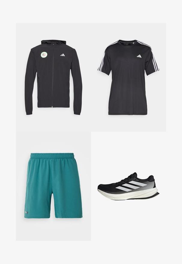 Svart zip-up hoodie med dragsko i huven, som har en cirkulär grön patch med en fotbollsdesign och vit Adidas-logga på bröstet.; Svart t-shirt med kort ärm och vit tre-stripes design på axlarna samt logotyp på bröstet. Tillverkad av andningsbart tyg med slät textur.; Tealfärgade sportshorts med elastisk midja och en liten "Climacool"-etikett nära fåll på vänster ben, visas mot en vit bakgrund.; Svart atletisk sko med nätmönster, som har vita ränder, rund tå och en strukturerad sula för grepp och stöd.