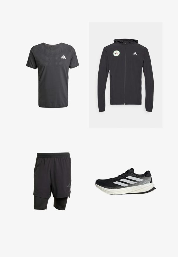 Black zip-up hoodie with a drawstring hood, featuring a circular green patch with a soccer design and white Adidas logo on the chest.; Men's black athletic T-shirt with a crew neck, featuring a perforated design and white logo on the left chest. Made of lightweight fabric.; Black athletic shorts with integrated inner layer, made from breathable fabric. Features subtle logo and structured texture. Adjustable waistband.; Black athletic shoe with a mesh design, featuring white stripes, a rounded toe, and a textured sole for grip and support.