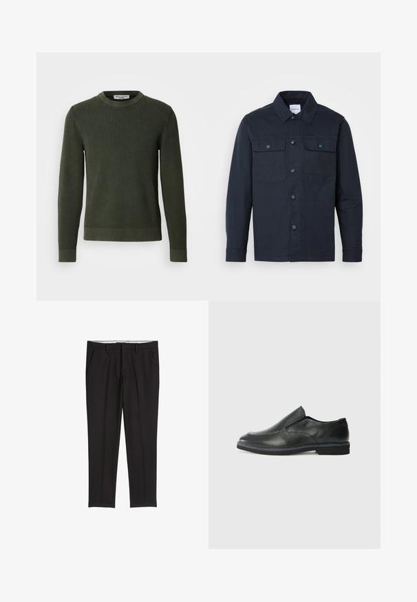 Marineblauw knoopshirt gemaakt van een katoenmix, met twee borstzakken en een klassiek kraagontwerp.; Donkergroene gebreide trui met een geribbelde textuur, ronde halslijn en lange mouwen. Voorzien van een netjes afgewerkte zoom en manchetten.; Zwarte op maat gemaakte broek met een gladde textuur, voorzien van twee zijzakken, een platte voorkant en een klassieke tailleband.; Zwarte leren instapper met een soepele bovenkant, gestikte accenten, ronde neus en een lage rubberen hak. De zool heeft minimale profiel.