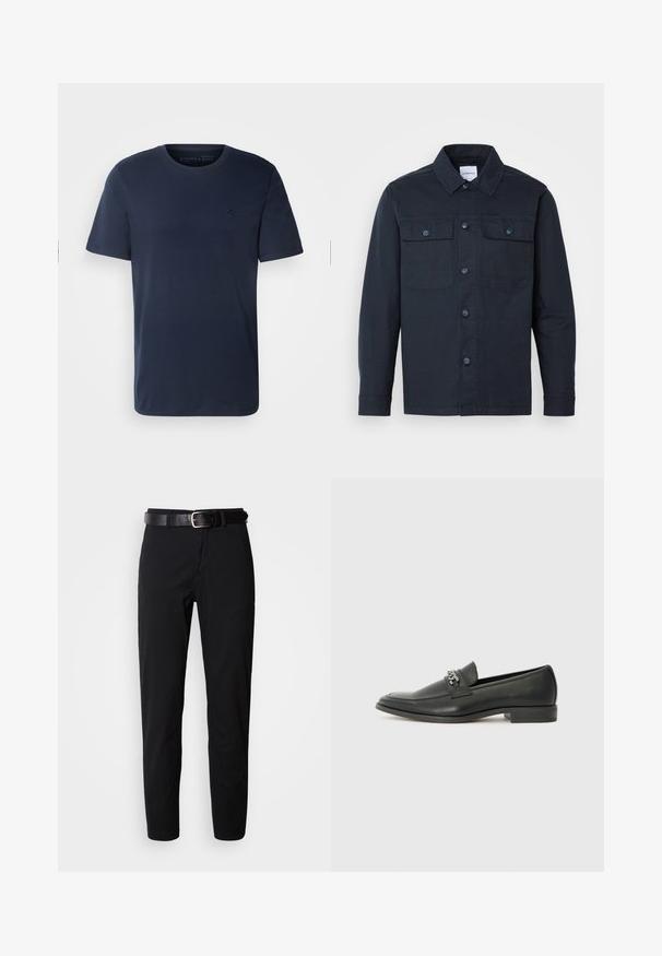 Camicia blu navy con bottoni realizzata in tessuto misto cotone, dotata di due tasche sul petto e un classico colletto.; T-shirt in cotone blu navy a maniche corte con collo a girocollo e un piccolo logo ricamato sul petto. Texture liscia, vestibilità standard.; Pantaloni neri a gamba dritta, con una texture morbida e una cintura in pelle nera con una fibbia argentata. Design semplice, senza motivi o accenti.; Mocassino in pelle nera con finitura liscia, caratterizzato da un design cucito e da un accento decorativo in catena metallica sul vamp. Tacco piatto.