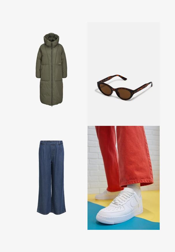 Maslinasto zeleni dugi kaput s patentnim zatvaračem i visokim ovratnikom, te dva velika prednja džepa. Glatka, izdržljiva tkanina s kviltanom teksturom.; Smeđi pleteni pulover s visokim rebrastim ovratnikom, širokim rukavima i mekanom teksturom. Ima opušten kroj i rebraste detalje na rukavima.; Tamne tamnije plave traperice ravnog kroja s elastičnom waistbandom i petljama za remen, bez vidljivih džepova, prikazane na bijeloj pozadini.; Bijele kožne tenisice s perforiranim prednjim dijelom, teksturiranim đonom i bijelim vezicama, u kombinaciji s širokim crvenim hlačama i plavo-žutom pozadinom.; Smeđe sunčane naočale u tortoiseshell uzorku s vintage mačkastim okvirom i smeškim lećama. Ima zakrivljene ručke s crvenim detaljima.; Srebrne okrugle naušnice s minimalističkim dizajnom. Kružni oblik, glatka tekstura i tanak profil. Lagane s poliranim završetkom.