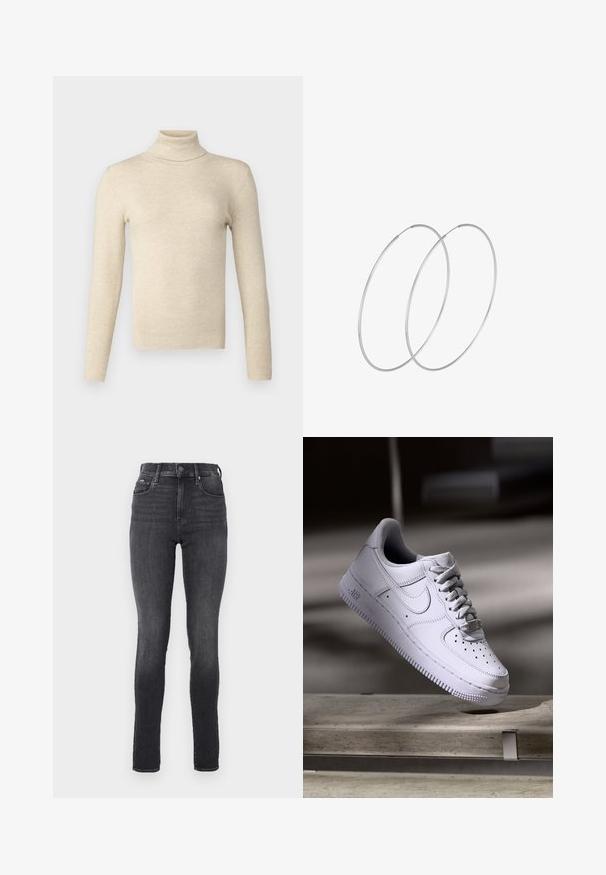 Olive green long padded coat with a high collar, front zip closure, and two large front pockets. Smooth, durable fabric with quilted texture.; Beige ribbed turtleneck sweater in a fitted design with long sleeves. Soft texture, minimal detailing, and a smooth finish.; High-waisted skinny jeans in dark gray denim, smooth texture, featuring front pockets and a metal button closure at the waistband.; Nike Sportswear AIR FORCE 1 07 - Trainers - white; Silver hoop earrings with a minimalist design. Circular shape, smooth texture, and thin profile. Lightweight with a polished finish.