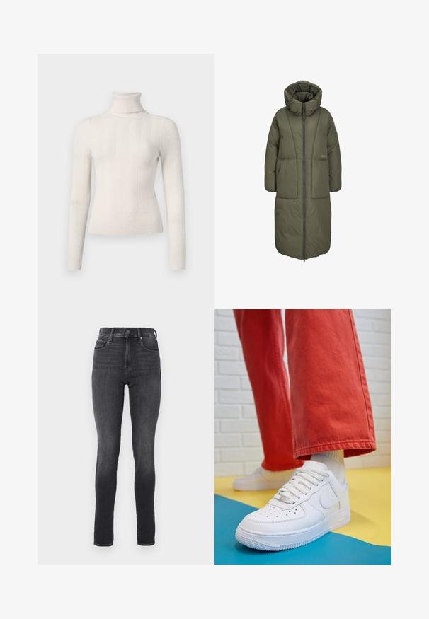 Maslinasto zeleni dugi kaput s patentnim zatvaračem i visokim ovratnikom, te dva velika prednja džepa. Glatka, izdržljiva tkanina s kviltanom teksturom.; Pulover s visokim ovratnikom u boji boje šampanjca, izrađen od rebrastog pletenog materijala. Ima duge rukave i prilagođen dizajn sa suptilnim vertikalnim prugama.; Hlače visokog struka, uske, od tamnog sivog trapera, glatke teksture, s prednjim džepovima i metalnim dugmetom za zatvaranje na pojasu.; Bijele kožne tenisice s perforiranim prednjim dijelom, teksturiranim đonom i bijelim vezicama, u kombinaciji s širokim crvenim hlačama i plavo-žutom pozadinom.