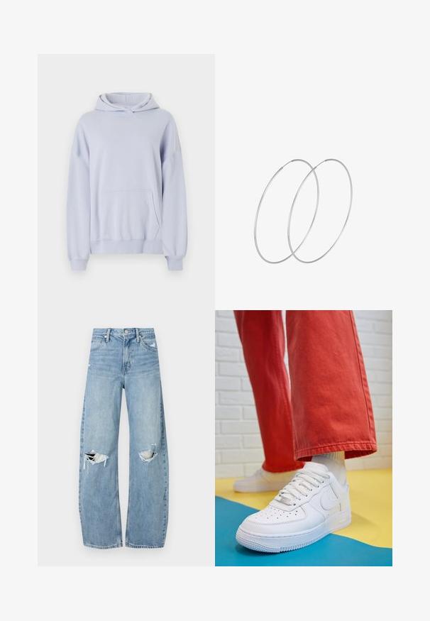 Olivroheline pikk voodriga mantel kõrge kraega, ees tõmblukk ja kaks suurt eesmist taskut. Sile, vastupidav kangas koos tikandi tekstuuriga.; Hele sinine kapuutsiga sviiter pehmest kangast, millel on tasku nagu kenguru, nööriga kapuuts, ribaga mansetid ja allserv ning langenud õmblused õlgadel.; Heledad hallideega sinised teksad, millel on kõrge talje. Teksade jalgadel on lai alus, kaks rebitud kohta põlvede ümber ning klassikaline viie tasku stiil.; Valge nahast tennis, millel on perforeeritud varvas, tekstureeritud tallad ja valged shoelaces, kombineeritud laia punase pükste ja sinise ning kollase taustaga.; Hõbedased rõngastikkaehingad minimalistlikus disainis. Ümar kuju, sile tekstuur ja õhuke profiil. Kerged ning poleeritud viimistlusega.