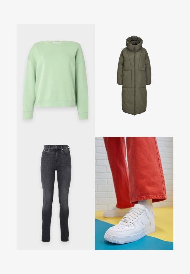 Cappotto lungo imbottito verde oliva con colletto alto, chiusura frontale a zip e due grandi tasche anteriori. Tessuto liscio e resistente con texture trapuntata.; Felpa verde chiaro realizzata in tessuto morbido, con collo rotondo, maniche lunghe e vestibilità comoda. Design semplice senza motivi o decorazioni.; Jeans skinny a vita alta in denim grigio scuro, con una texture liscia, dotati di tasche frontali e chiusura con bottone metallico in vita.; Sneaker bianco in pelle con punta perforata, suola testurizzata e lacci bianchi, abbinati a pantaloni rossi larghi e uno sfondo blu e giallo.