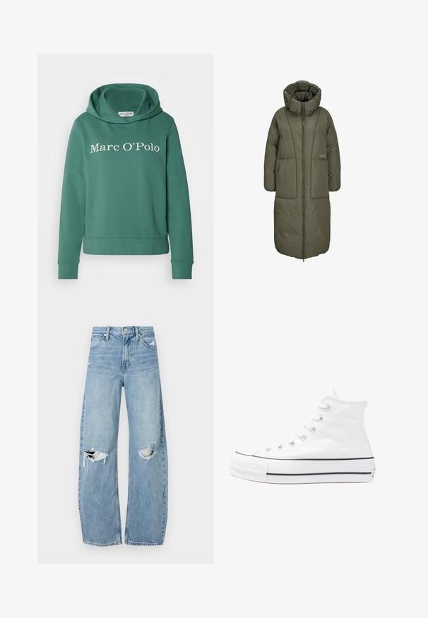 Olivengrønn lang polstret kåpe med høy krage, glidelås foran og to store frontlommer. Glatt, slitesterkt stoff med quiltet tekstur.; Grønn bomullssweatshirt med stor hette, med en hvit "Marc O'Polo" logo over fronten. Ribbestrikkede mansjetter og nederkant.; Lyseblå høytlivsjeans laget av denim. Har vide bein, to revne knær og klassisk fem-lommers design.; Hvit høy-skinn kanvas sneakers med svart gummisåle, gummitåhette foran og seks hull for snorer, med et rent, minimalistisk design.