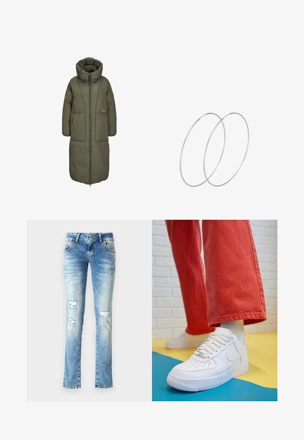 Olivroheline pikk voodriga mantel kõrge kraega, ees tõmblukk ja kaks suurt eesmist taskut. Sile, vastupidav kangas koos tikandi tekstuuriga.; Musthave musta t-särk, millel on karu graafika ja tekst "EI NII NÄDALA, KUID MÄRG" paksult valgete tähtedega. Puuvillane materjal.; Heledad sinised teksad, millel on lõõgastav istuvus, kulunud detailid, kahe nööbiga nööpauk ja sirged sääred.; Valge nahast tennis, millel on perforeeritud varvas, tekstureeritud tallad ja valged shoelaces, kombineeritud laia punase pükste ja sinise ning kollase taustaga.; Hõbedased rõngastikkaehingad minimalistlikus disainis. Ümar kuju, sile tekstuur ja õhuke profiil. Kerged ning poleeritud viimistlusega.