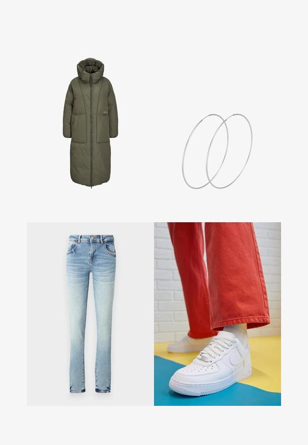 Alyvuogių žalios ilgai pūkinės striukės su aukštu apykakle, priekiniais užtrauktukais ir dviem didelėmis priekinėmis kišenėmis. Lygi, patvari medžiaga su siūlių tekstūra.; Juodas per didelis marškinėliai su bearo grafika ir tekstu "NE SIAUBINGA, BET NERAMUS" bold baltomis raidėmis. Pagaminta iš medvilnės.; Šviesiai mėlynos džinsinės kelnės su išblukimo efektu. Savybėse penki kišenės, sagtis ir užtrauktukas, tiesus kelnių dizainas. Nėra matomų raštų.; Baltos odinės kedų sportbačiai su perforuotu pirštu, tekstūruota pado dalimi ir baltais raišteliais, derinami su plačiomis raudonomis kelnėmis ir mėlynos bei geltonos spalvų fono kompozicija.; Sidabrinės pusmėnulio auskarai minimalistiniu dizainu. Apskritimo forma, lygus paviršius ir plonas profilis. Lengvi su poliruotu apdailu.