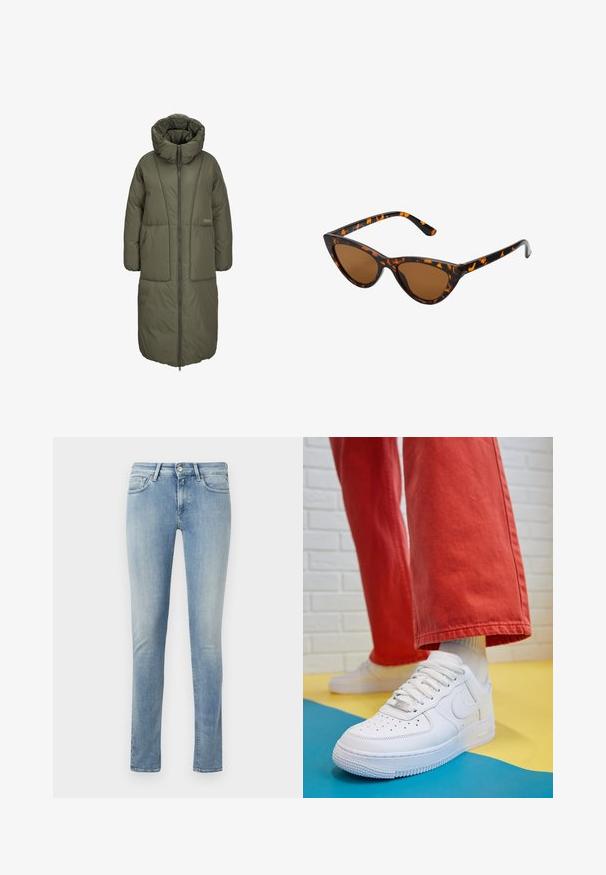 Olíva zöld hosszú párnázott kabát magas gallérral, elülső cipzáras záródással és két nagy elülső zsebbel. Simább, tartós anyag, steppelt textúrával.; Három hosszú ujjú póló egymásra rakva: fekete, szürke és fehér. Mindegyiknek kerek nyaka van, és rövidített fazonnal rendelkezik, sima, könnyű anyagból készült.; Világoskék farmer slim-fit nadrág közepes derékkal, öt zsebes kialakítással és finom kopással az anyagon.; Fehér bőr edzőcipő perforált orral, texturált talppal és fehér fűzővel, széles vörös nadrággal párosítva, kék és sárga háttérrel.; Cica szemüveg fekete és narancssárga teknőc pánttal, barna lencsékkel és sima, hegyes végekkel. A templomán egy minimalista logó található.; Arany fülbevalók sima, fényes felülettel. Kör alakú dizájn, amely kis kapoccsal és átlátszó tartozékkal rendelkezik a biztonságos viselés érdekében.