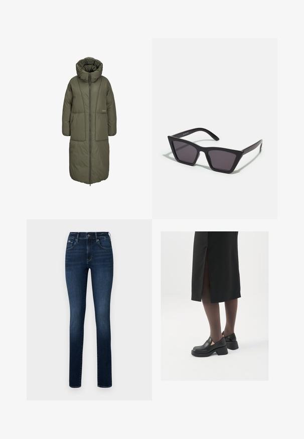 Alyvuogių žalios ilgai pūkinės striukės su aukštu apykakle, priekiniais užtrauktukais ir dviem didelėmis priekinėmis kišenėmis. Lygi, patvari medžiaga su siūlių tekstūra.; Baltas be rankovių marškinėlis, pagamintas iš išklotinės medžiagos, su apvaliu iškirpimu ir prigludusia siluetu, minimaliais siūlais ir be dekoracijų.; Tamsiai mėlynos džinsinės kelnės, pagamintos iš džinsinio audinio, turinčios tiesią kirpimo formą, penkių kišenių dizainą ir mygtuką juosmens srityje.; Juodos odinės bateliai su apvaliu nosiu, stora blokine pakulne ir elastingais šonais, derinami su tamsiomis pėdkelnėmis ir juoda sijonu su plyšiu.; Juodos, kampuotos saulės akinios su pilkais stiklais; pagaminti iš plastiko, su storomis šakėmis, turinčiomis lygų paviršių ir be matomų detalių.; Mažas kreminis rankinukas su tekstūruotu paviršiumi, ilga reguliuojama juostele, grandinėle ir užsegimu su atvartu. Aukso detalės.; Sidabrinės pusmėnulio auskarai minimalistiniu dizainu. Apskritimo forma, lygus paviršius ir plonas profilis. Lengvi su poliruotu apdailu.