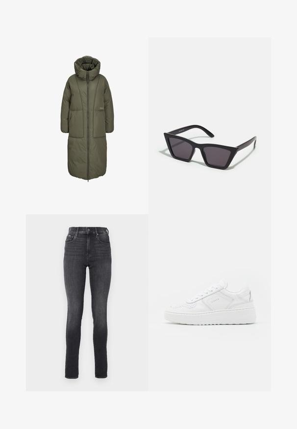 Cappotto lungo imbottito verde oliva con colletto alto, chiusura frontale a zip e due grandi tasche anteriori. Tessuto liscio e resistente con texture trapuntata.; Maglia a maniche lunghe bianca a collo alto realizzata in tessuto morbido ed elastico. Presenta un colletto alto e un design aderente, senza motivi o decorazioni visibili.; Jeans skinny a vita alta in denim grigio scuro, con una texture liscia, dotati di tasche frontali e chiusura con bottone metallico in vita.; Scarpe da ginnastica bianche con tomaia in pelle liscia, dettagli perforati e una suola in gomma spessa. Presentano un branding minimale e un design con lacci.; Occhiali da sole neri e angolari con lenti grigie; realizzati in plastica, con aste spesse dalla superficie liscia e senza hardware visibile.; Orecchini a cerchio in argento con un design minimalista. Forma circolare, superficie liscia e profilo sottile. Leggeri con una finitura lucida.