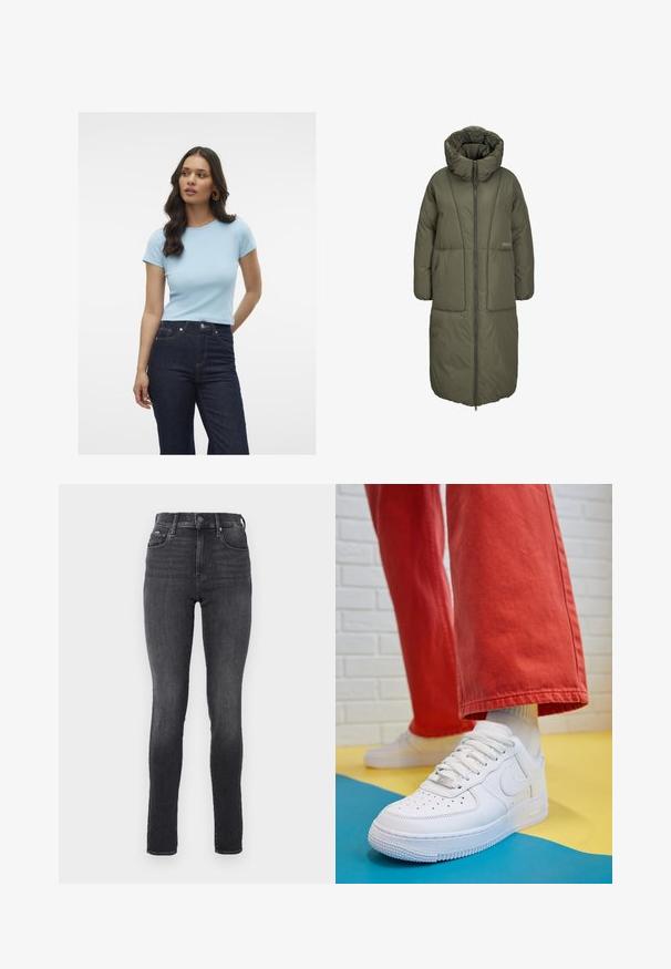 Alyvuogių žalios ilgai pūkinės striukės su aukštu apykakle, priekiniais užtrauktukais ir dviem didelėmis priekinėmis kišenėmis. Lygi, patvari medžiaga su siūlių tekstūra.; Šviesiai mėlynas briaunotas marškinėliai su trumpomis rankovėmis, apvaliu kaklu ir prigludusia forma, derinami su tamsiomis aukšto liemeniu džinsais.; Aukštos juosmens liesi džinsai tamsiai pilkame denime, lygus paviršius, turi priekinės kišenes ir metalinį mygtuko uždarymą juosmens srityje.; Baltos odinės kedų sportbačiai su perforuotu pirštu, tekstūruota pado dalimi ir baltais raišteliais, derinami su plačiomis raudonomis kelnėmis ir mėlynos bei geltonos spalvų fono kompozicija.