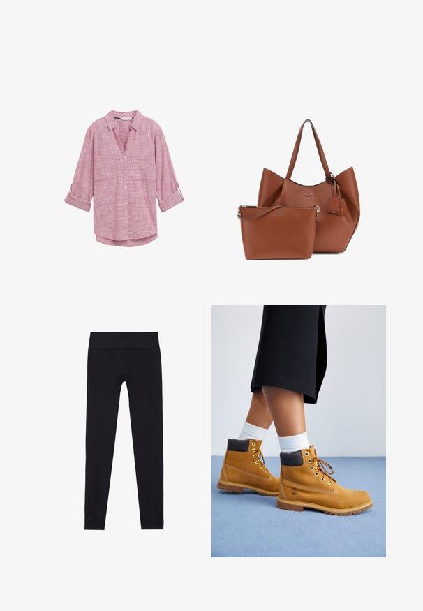 Grau blazer Jacke aus strukturiertem Stoff, mit V-Ausschnitt, zwei vorderen Taschen und einer Knopfleiste. Futter im Inneren.; Hellegrauer Kapuzenpullover mit weicher Textur, Raglanärmeln und gerippten Bündchen sowie Saum. Einfaches Design, keine sichtbaren Grafiken oder Muster.; Rot-weiß karierte Hemdbluse mit langen Ärmeln, V-Ausschnitt und zwei Vorderaschen, aus leichtem Stoff.; Schwarze Leggings mit einem breiten, elastischen Bund, aus dehnbarem Stoff, mit einer glatten Textur und passgenauer Form. Keine Muster.; Sandfarbene Wildlederschuhe mit braunen Lederakzenten, goldenen Ösen und einer strukturierten Sohle. Weiße Socken, die über den Stiefeln sichtbar sind.; Braune Leder-Tote mit einer strukturierten Form und zwei oberen Griffen, begleitet von einem kleineren passenden Beutel mit Reißverschluss. Beide verfügen über Logodetails.