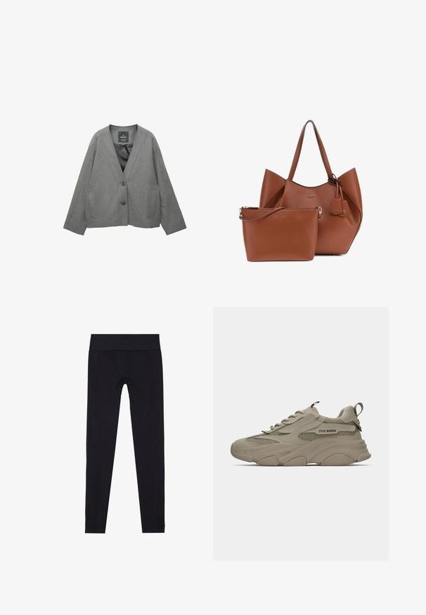 Blazer gris en tissu texturé, avec un décolleté en V, deux poches avant et une fermeture à bouton. Intérieur doublé.; Sweatshirt à capuche gris clair avec une texture douce, des manches raglan et des bords côtelés au niveau des poignets et de l'ourlet. Design simple, sans graphiques ni motifs visibles.; Leggings noirs avec une large ceinture élastique, fabriqués en tissu extensible, présentant une texture lisse et une coupe ajustée. Sans motifs.; Sneakers chunky beiges avec des détails en mesh, semelle épaisse, lacets, onglet à l'arrière et logo "STEVE MADDEN" sur le panneau latéral.; Sac fourre-tout en cuir marron avec une forme structurée et deux poignées supérieures, accompagné d'une petite pochette assortie avec une fermeture éclair. Les deux présentent des accents de logo.