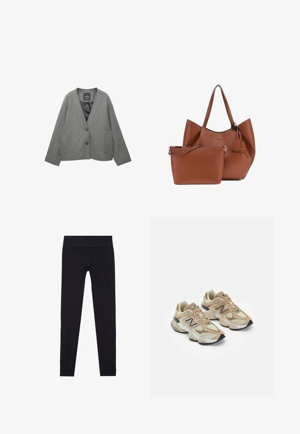 Šedý blazer, vyrobený z texturované tkaniny, s výstřihem do V, dvěma předními kapsami a zapínáním na knoflík. Podšívka.; Světle šedá mikina s kapucí, měkká na dotek, s raglánovými rukávy a žebrovanými manžetami a spodním lemem. Jednoduchý design, bez viditelných grafických prvků nebo vzorů.; Černé legíny se širokým elastickým pasem, vyrobené z pružného materiálu, s hladkou texturou a přiléhavým střihem. Bez vzorů.; Béžové tenisky vyrobené z materiálů síťoviny a semiše. Obsahují černé logo a texturované prvky. Silná bílá mezipodešev a černá gumová podrážka.; Hnědá kožená taška přes rameno se strukturovaným tvarem a dvěma horními uchy, doplněná o menší odpovídající pouzdro se zipem. Obě obsahují akcenty s logem.